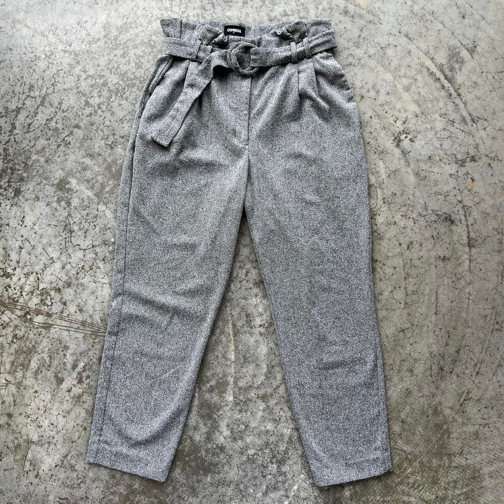 Express Gray High Rise Paperbag Ankle Pants 12R Elastic Belted Pleated Knit